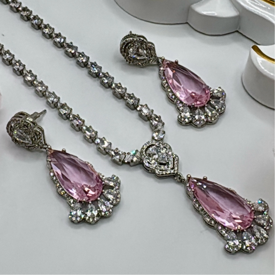 Pink Dainty Doublet American Diamonds Necklace Set