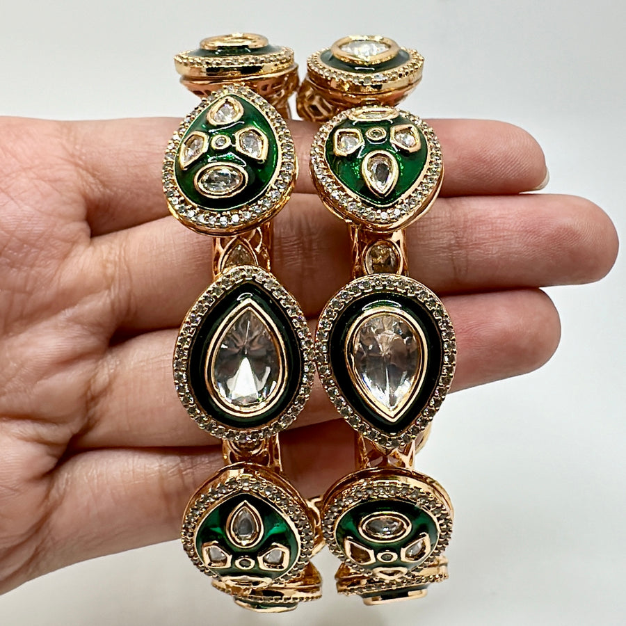 Green Meenakari & Premium Kundan Openable Bangle Pair( Size 2.4)