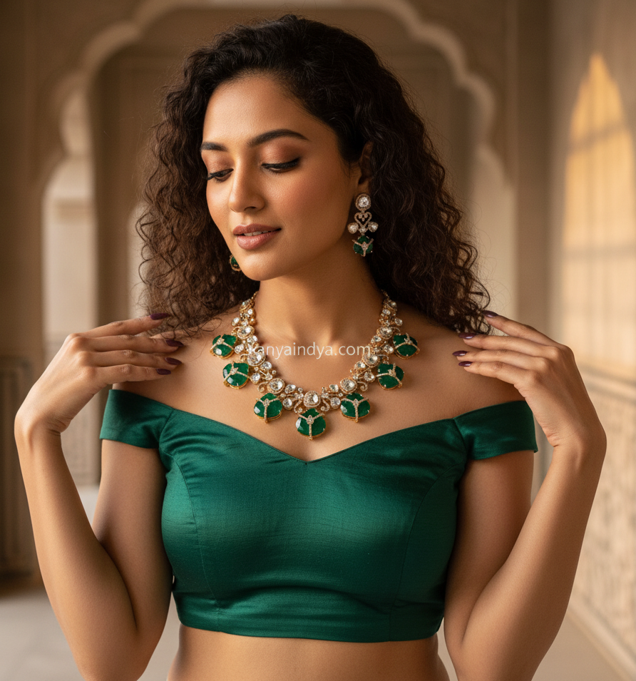 Green Doublet Polki Kundan Dainty Necklace Set