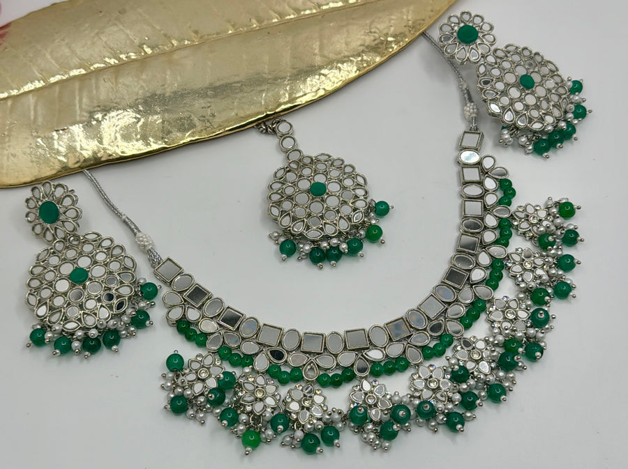 Green Mirror Work Necklace Set