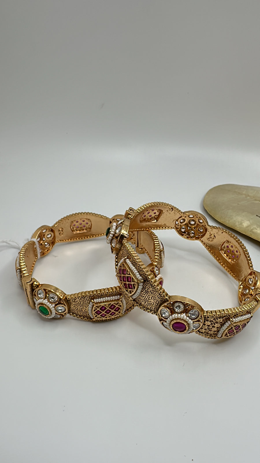 Pink and Green Antique Gold Bangles with Stone (Openable Size 2.8)