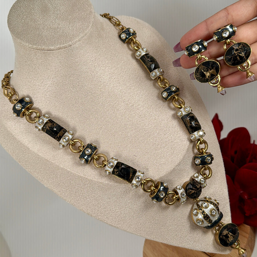 Black Marble Doublet & Mother Of Pearl Contemporary Long NecklaceSet