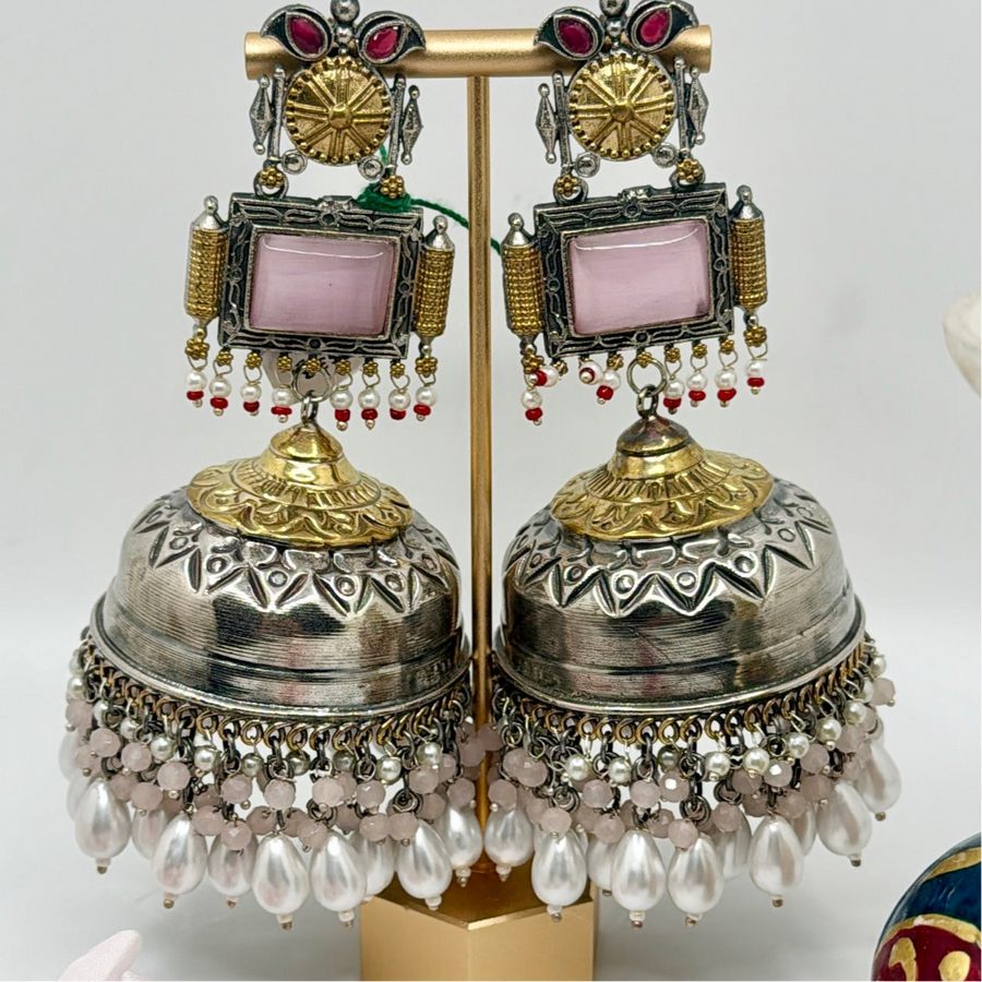 Pink Silver Lookalike Dual Tone Statement Jhumka