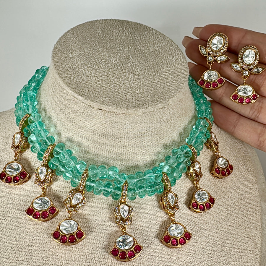 Mint Pearl & Paachi Jadau Charms Necklace Set