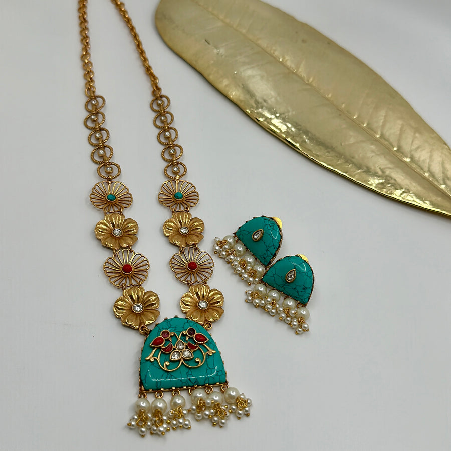 Turquoise Stone With Inlay Work Silver Lookalike Gold Long Necklace Set