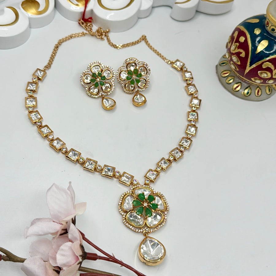 Green Dainty Kundan Moissanite Necklace Set