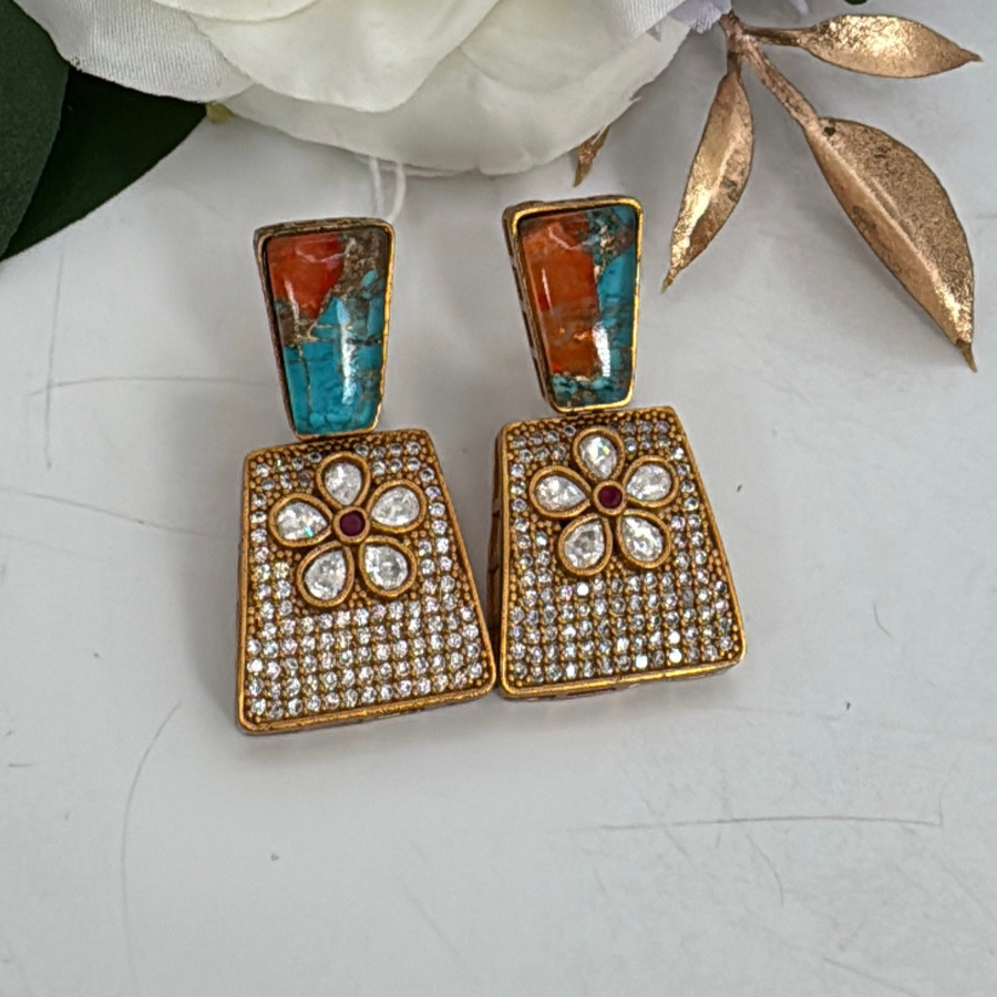 Orange Turquoise Marble Doublet Moissanite Earrings