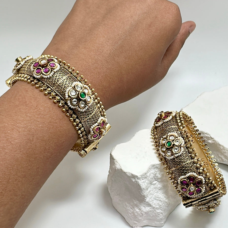 Multi Antique Gold Jadau Openable Bangle Pair(Size 2.6)