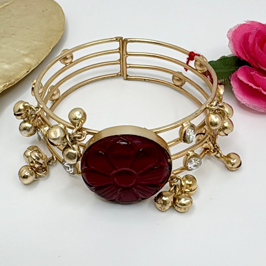 Red Amrapali Stone Silver Lookalike Adjustable Bracelet Cuff With Kundan & Ghungroos