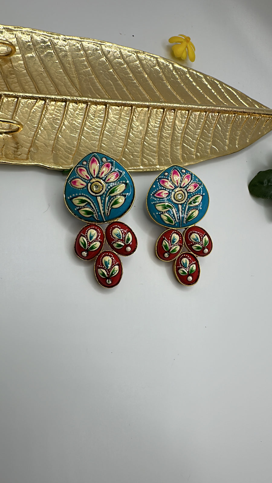 Turquoise & Red Tanjore Earrings