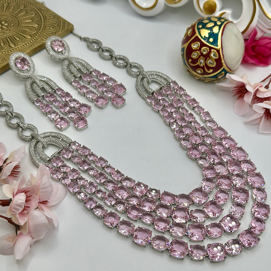 Pink Three Layer Premium CZ American Diamonds Statement Necklace Set