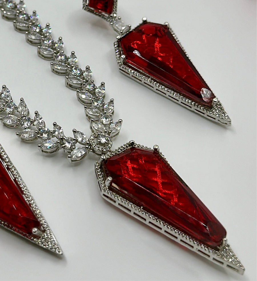 Red American Diamonds Necklace Set