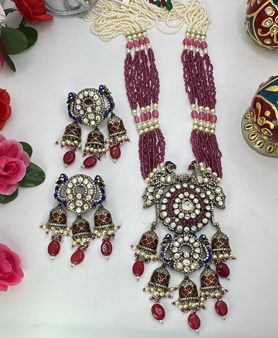 Ruby Red Moissanite Kundan Long Necklace Set