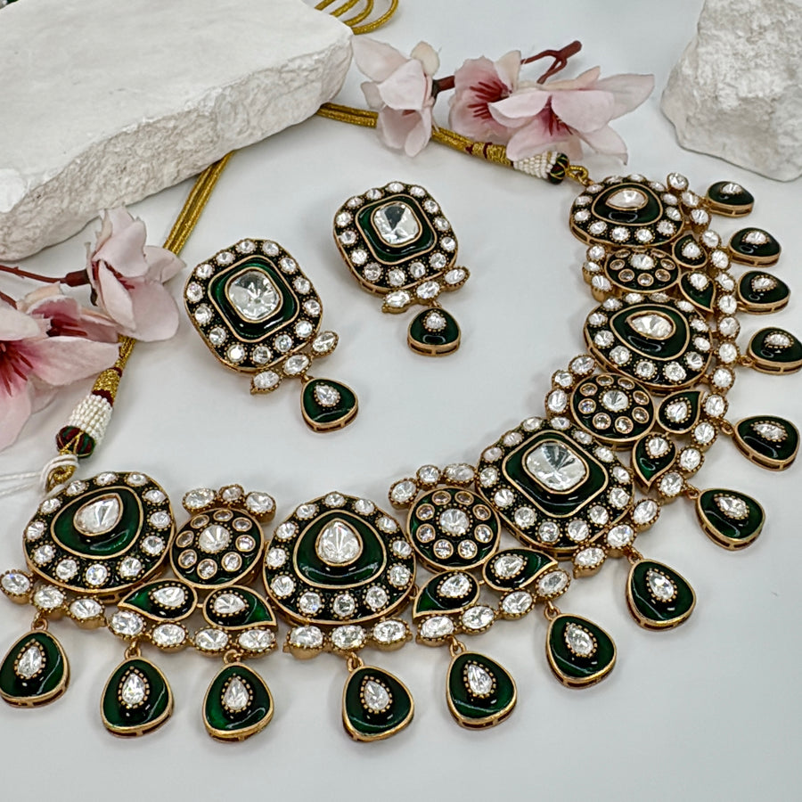 Green Meenakari Jadau Moissanite Necklace Set
