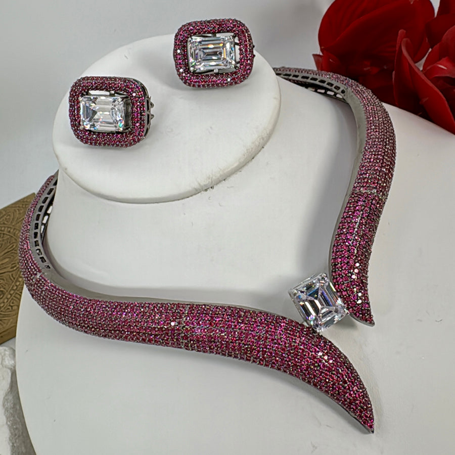 Ruby Invisible Setting Cubic Zirconia Chic Collar Necklace Set
