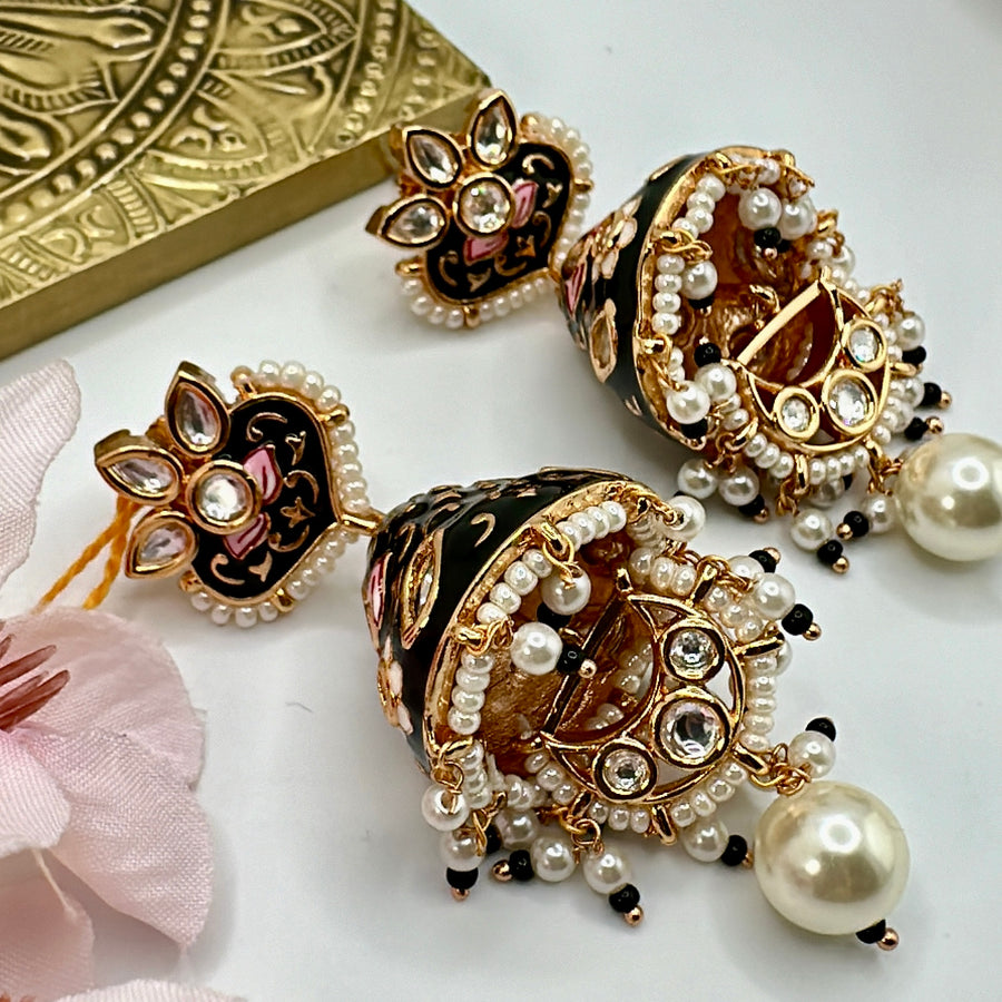 Black Meenakari & Pearl Kundan Jhumka