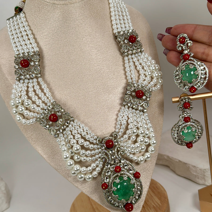 Mint & Ruby Marble Doublet & Pearl Long/Short Statement Necklace Set
