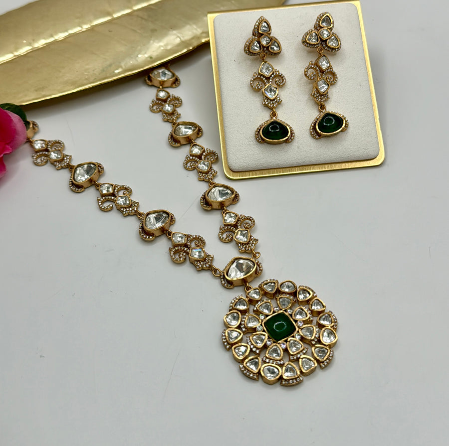 Green Moissanite Long Necklace Set