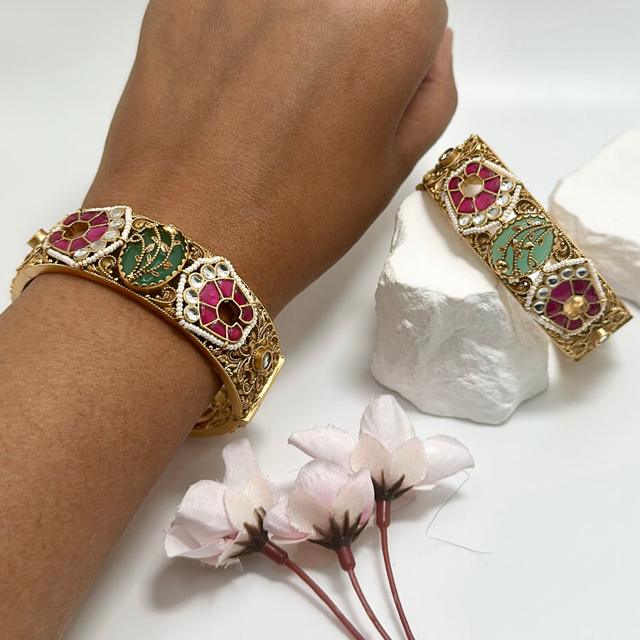 Multi Antique Gold Paachi Jadau Openable Bangle Pair(Size 2.6)