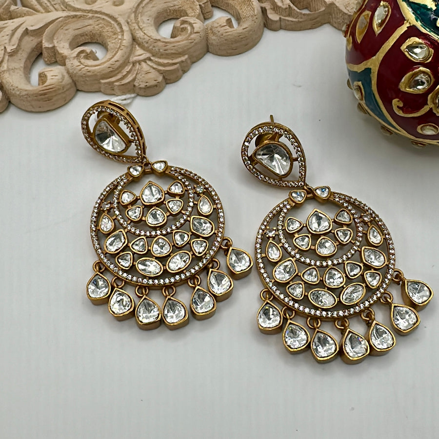 Clear Moissanite Kundan Statement Chand Bali