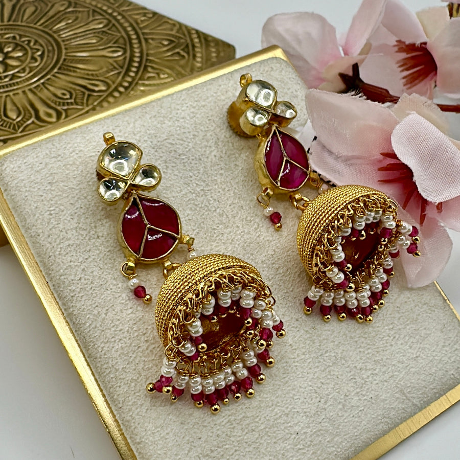 Ruby Kundan Jadau Antique Gold Jhumka Earrings