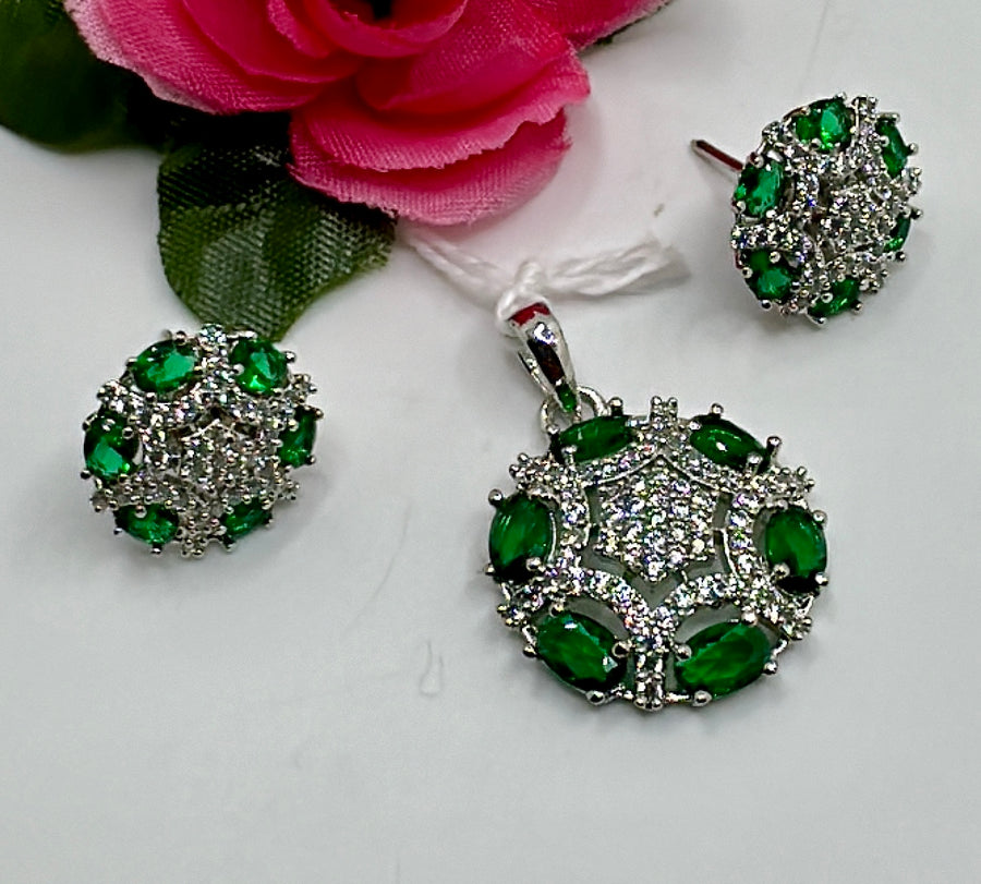 Green American Diamonds Dainty Pendant Set