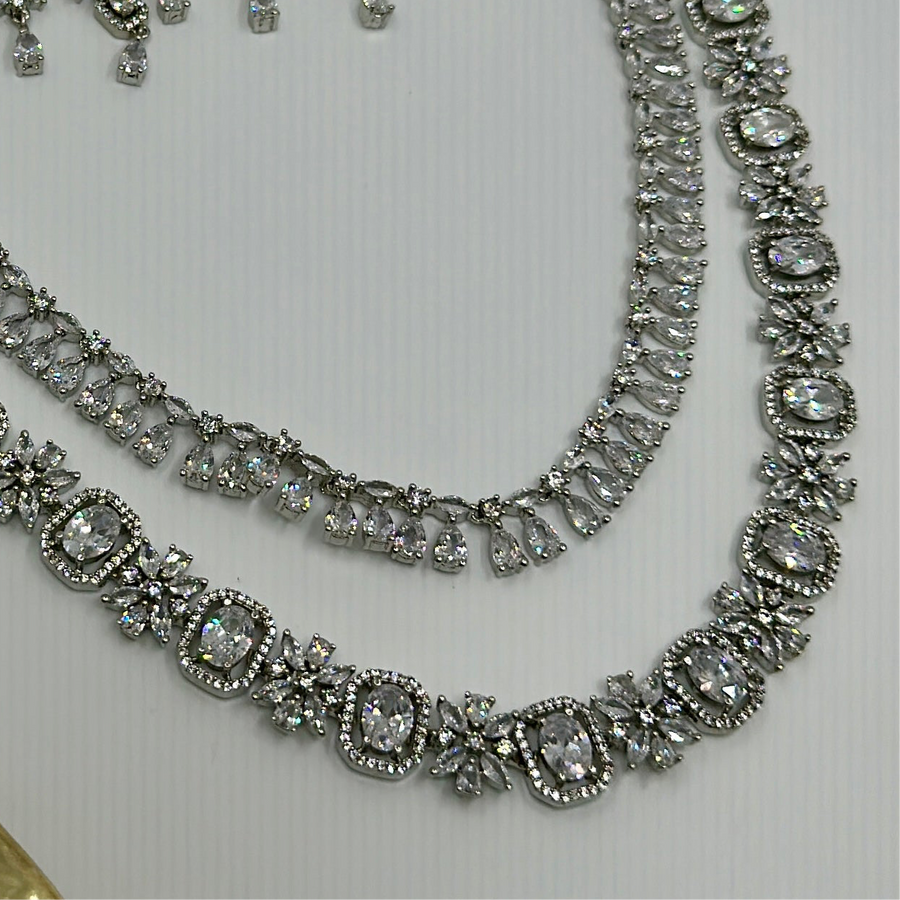 Clear American Diamonds Two Layers Long Necklace Set