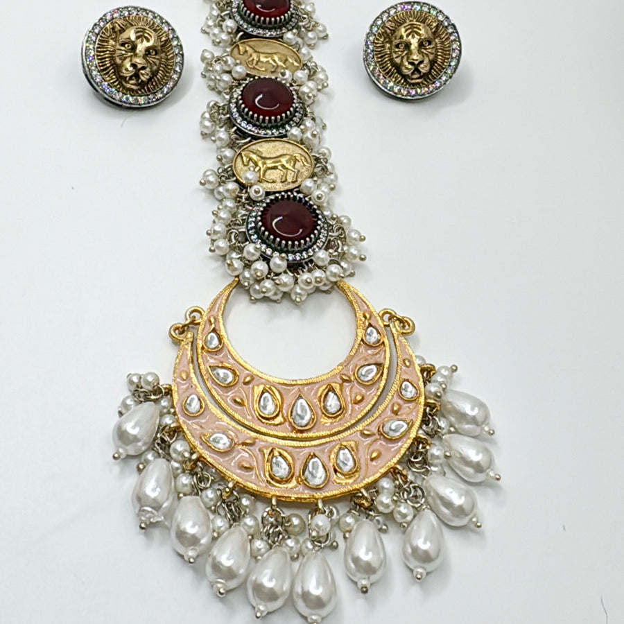 Red & Pink Kundan Sabya Inspired Silver Lookalike Fusion Tie Necklace Set