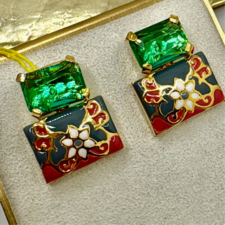 Green Swarovski Crystal & Blue Meenakari Studs