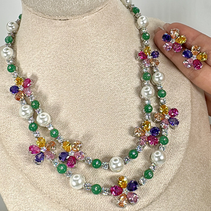 Multi Pearls & Swarovski Two Layer Necklace Set