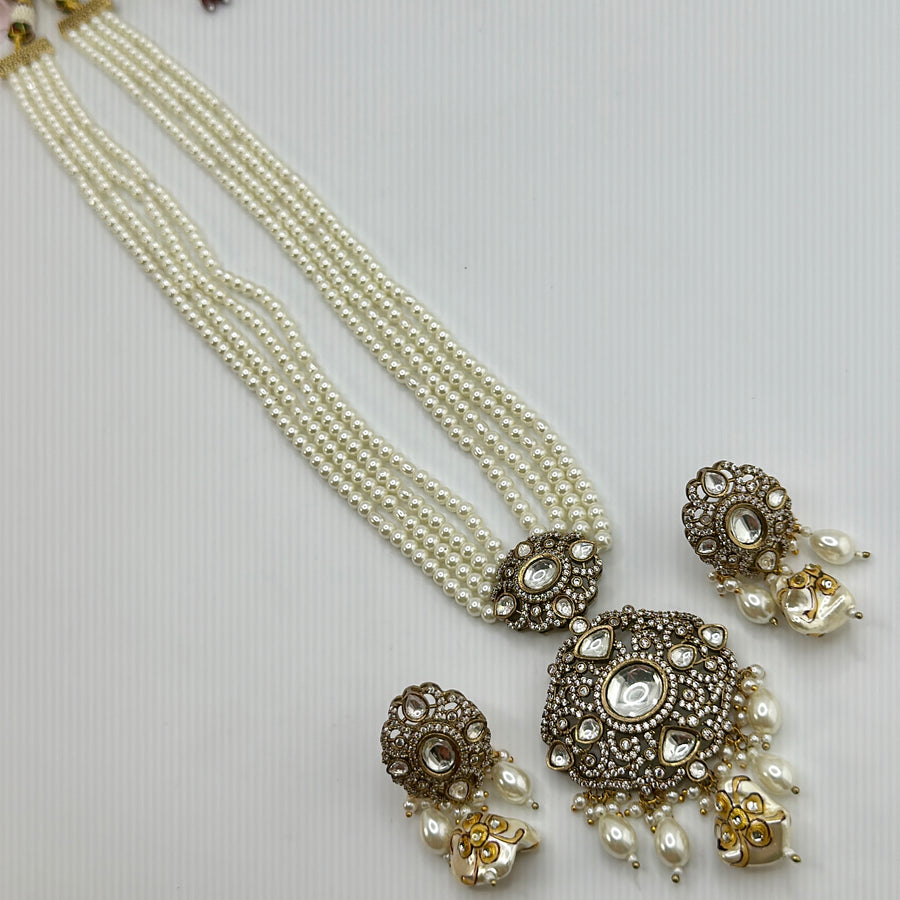 Clear Pearl & Moissanite Victorian Style Pendant  Long Necklace Set