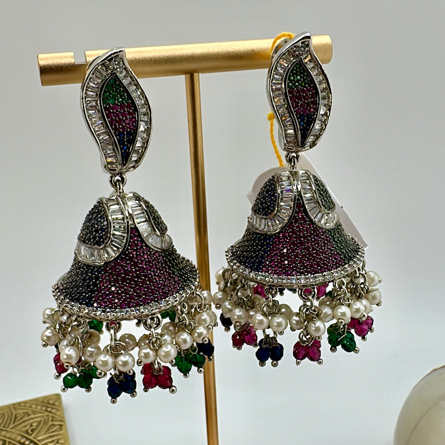 Ruby & Green Invisible Setting American Diamonds Jhumka