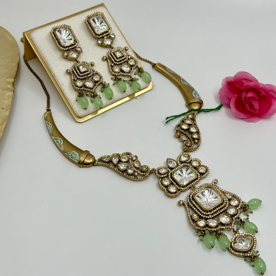 Mint Green Moissanite Hasli Necklace Set With Meenakari