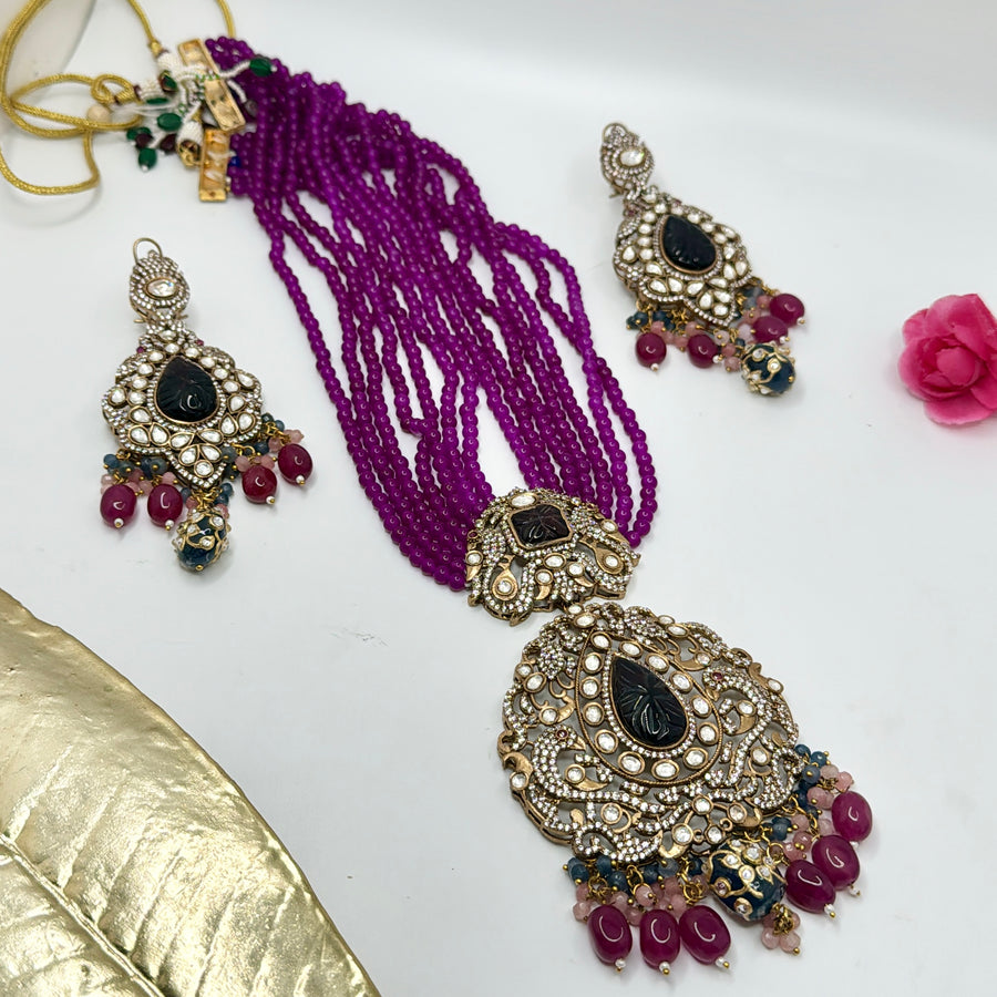 Purple Kundan Statement Long Necklace Set