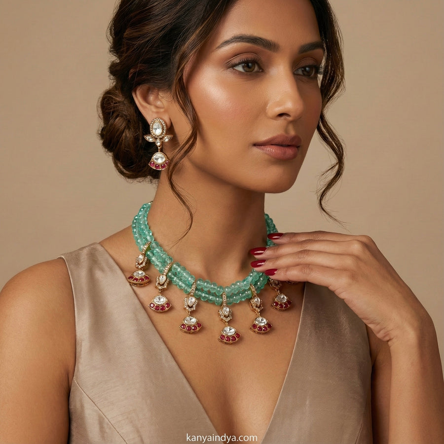 Mint Pearl & Paachi Jadau Charms Necklace Set