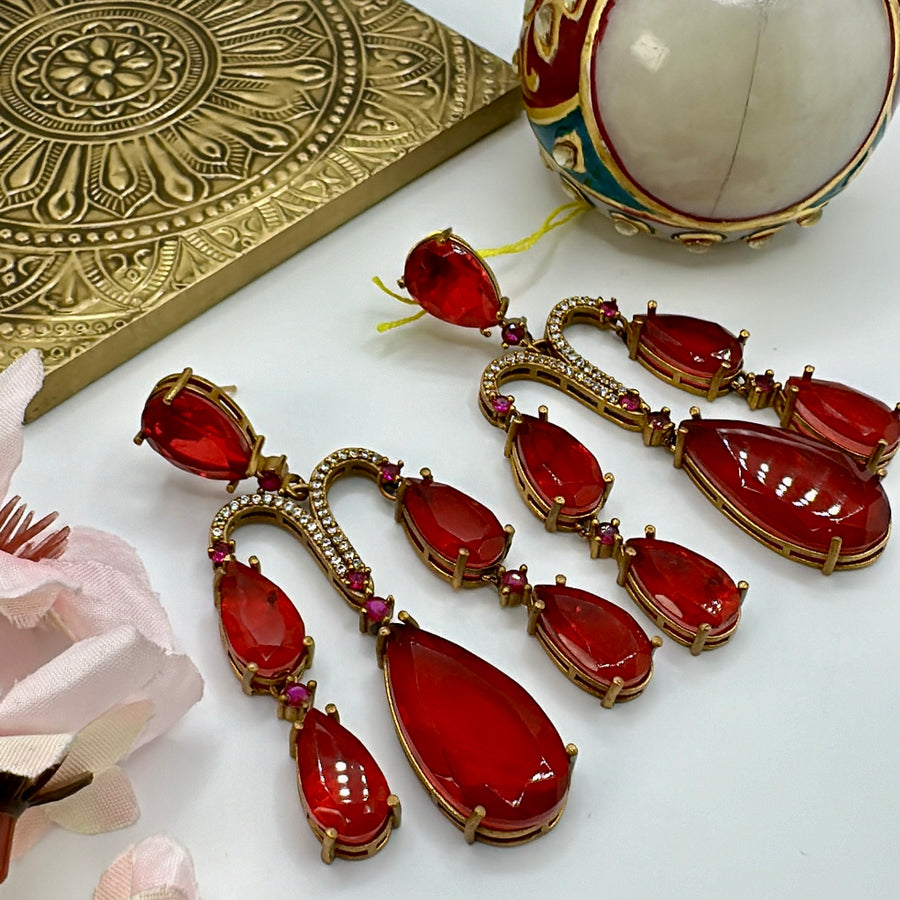 Red Doublet & American Diamonds Statement Earrings