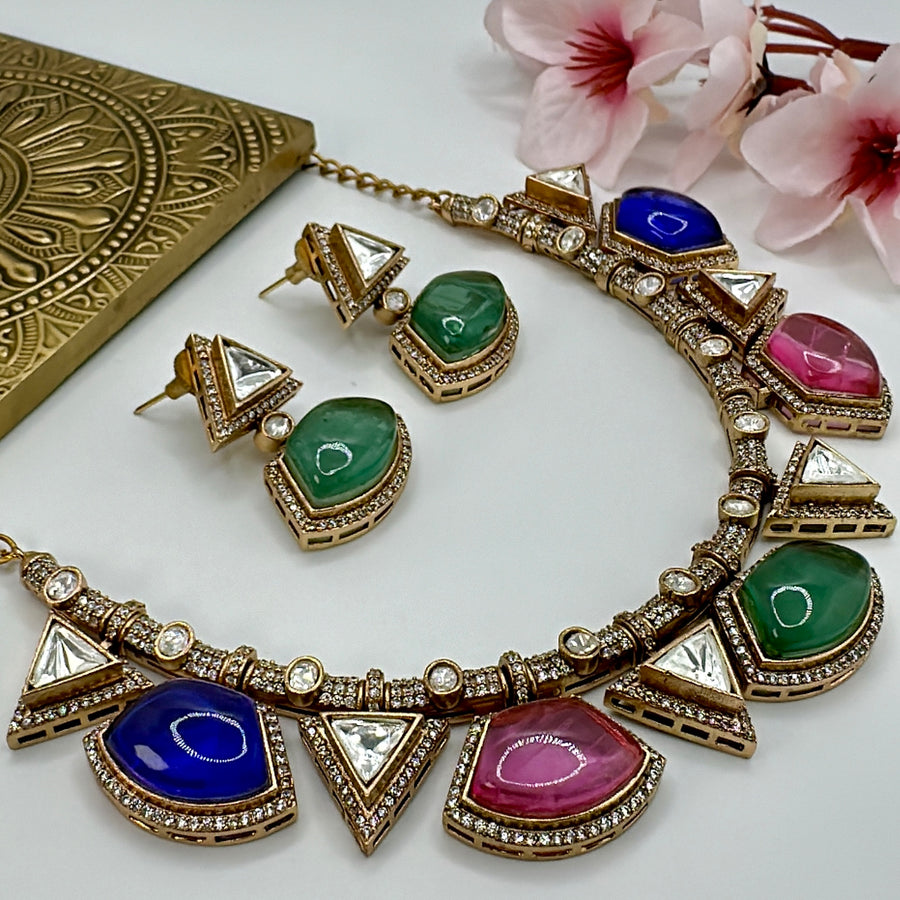 Multi Doublet Moissanite Kundan Necklace Set