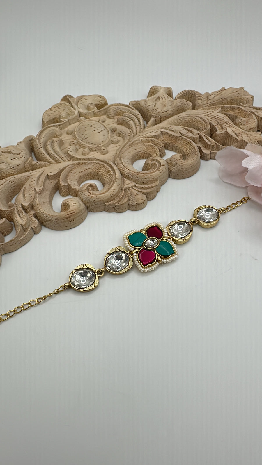 Red & Turquoise Paachi Kundan Bracelet (One Size Fits All)