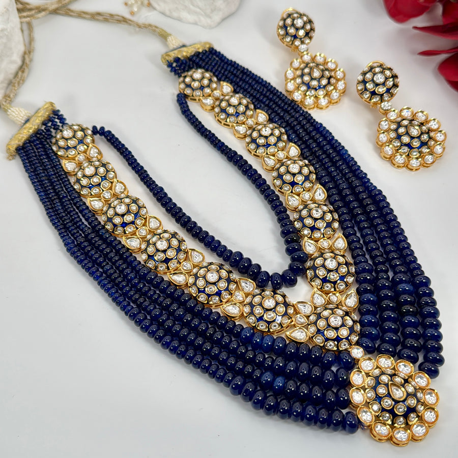 Blue Moissanite Pearls Statement Long NecklaceSet