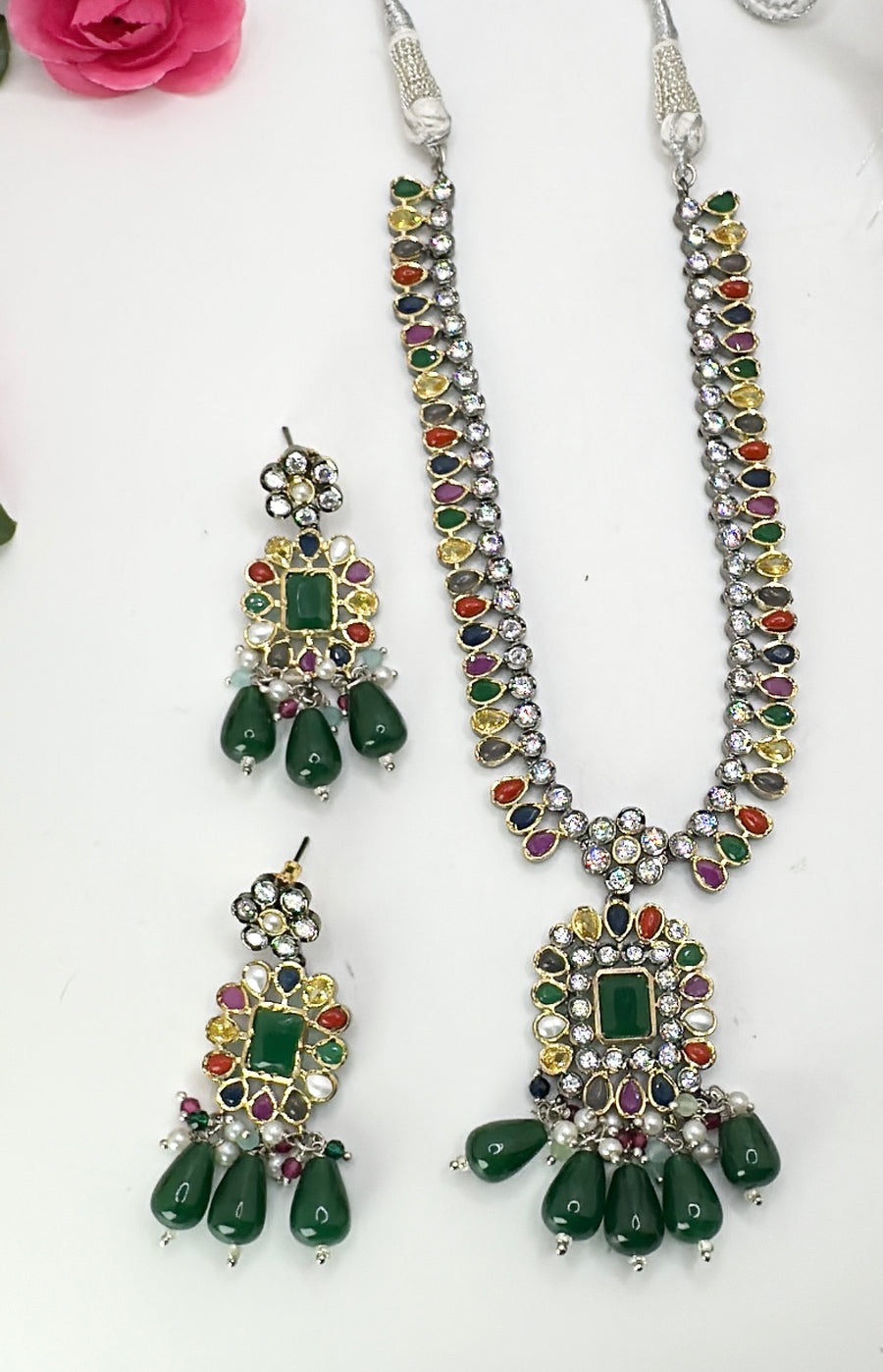 Green With Multi color Stones Kundan Long Necklace Set