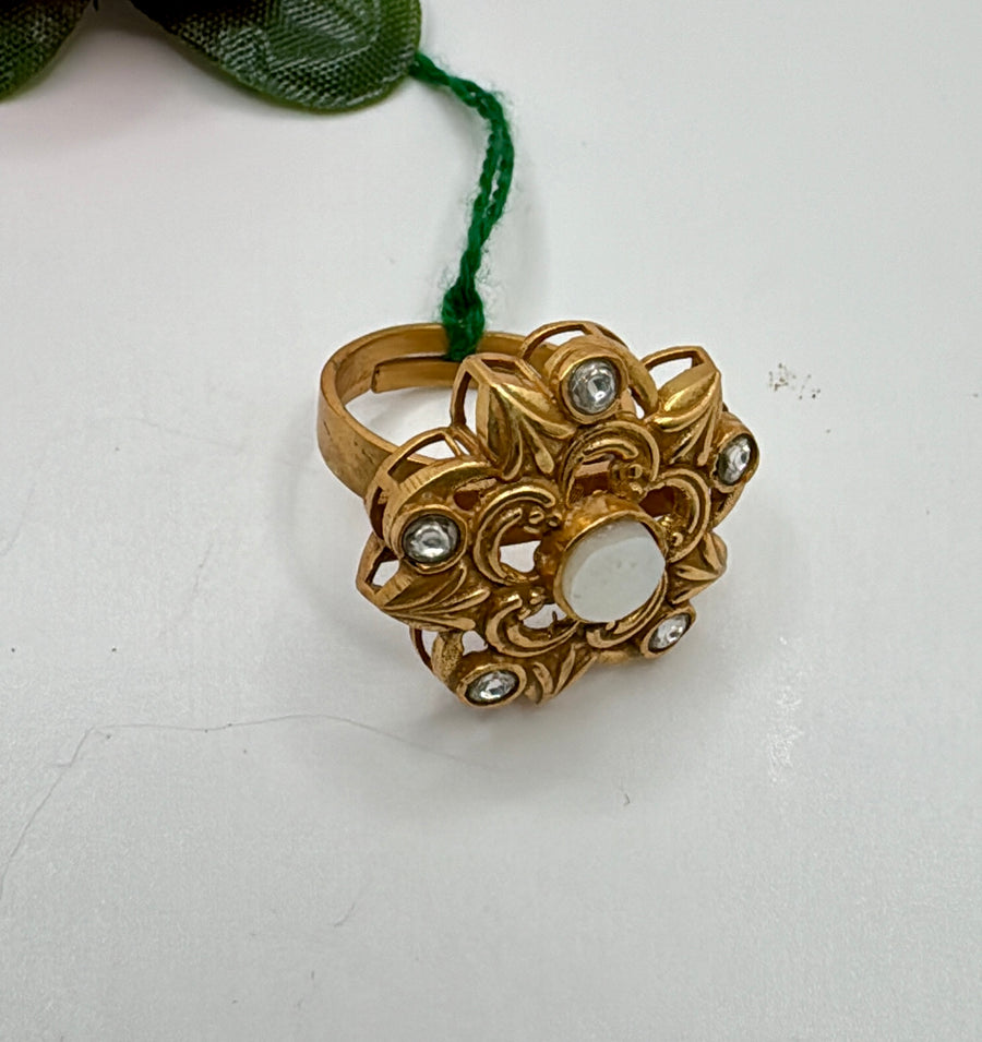 Clear Antique Gold MOP Dainty Flower Adjustable Finger Ring