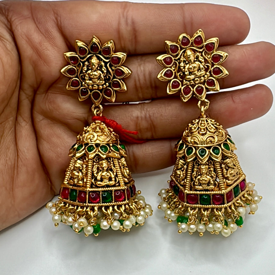 Ruby & Green Antique Gold With God Figure Jhumka