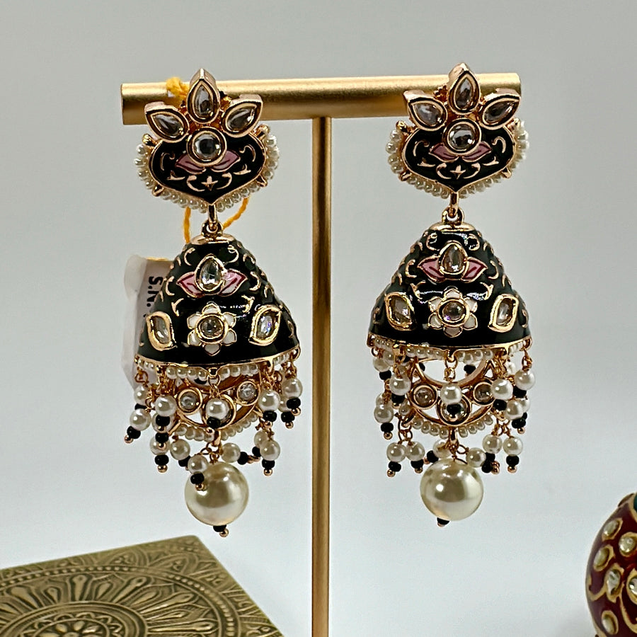 Black Meenakari & Pearl Kundan Jhumka