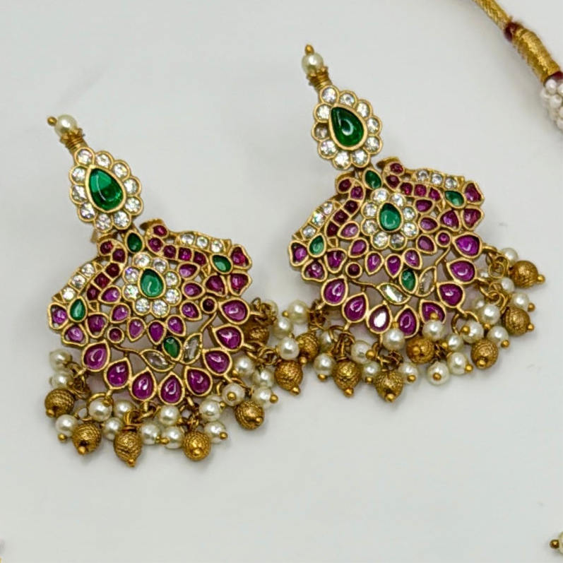 Ruby & Green Antique Gold Temple Inspired Necklace Set