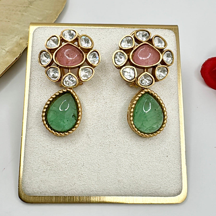 Mint & Pink Moissanite Kundan Flower Earrings