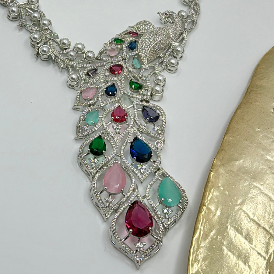 Multi American Diamonds Peacock Necklace Set