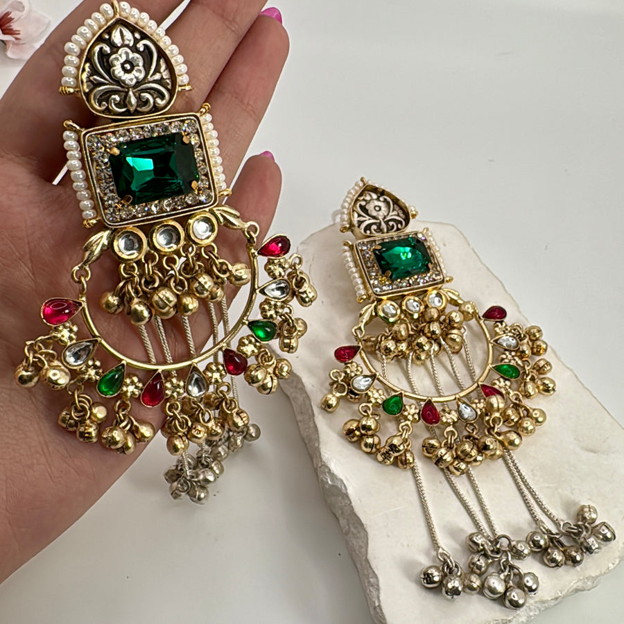 Green Swarovski Crystals Silver Look Alike Dual Tone Ghungroo Chand Bali Statement Earrings