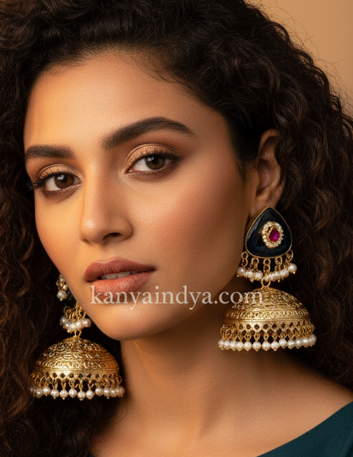 Blue Silver Lookalike Gold Jhumka Earrings