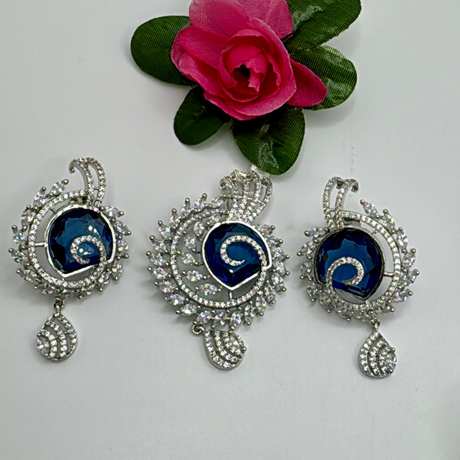 Blue American Diamond Designer Inspired Pendant Set With Chain