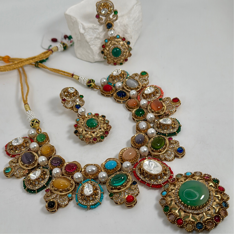 Multi Marble Doublet Sabya Inspired Statement Necklace Set